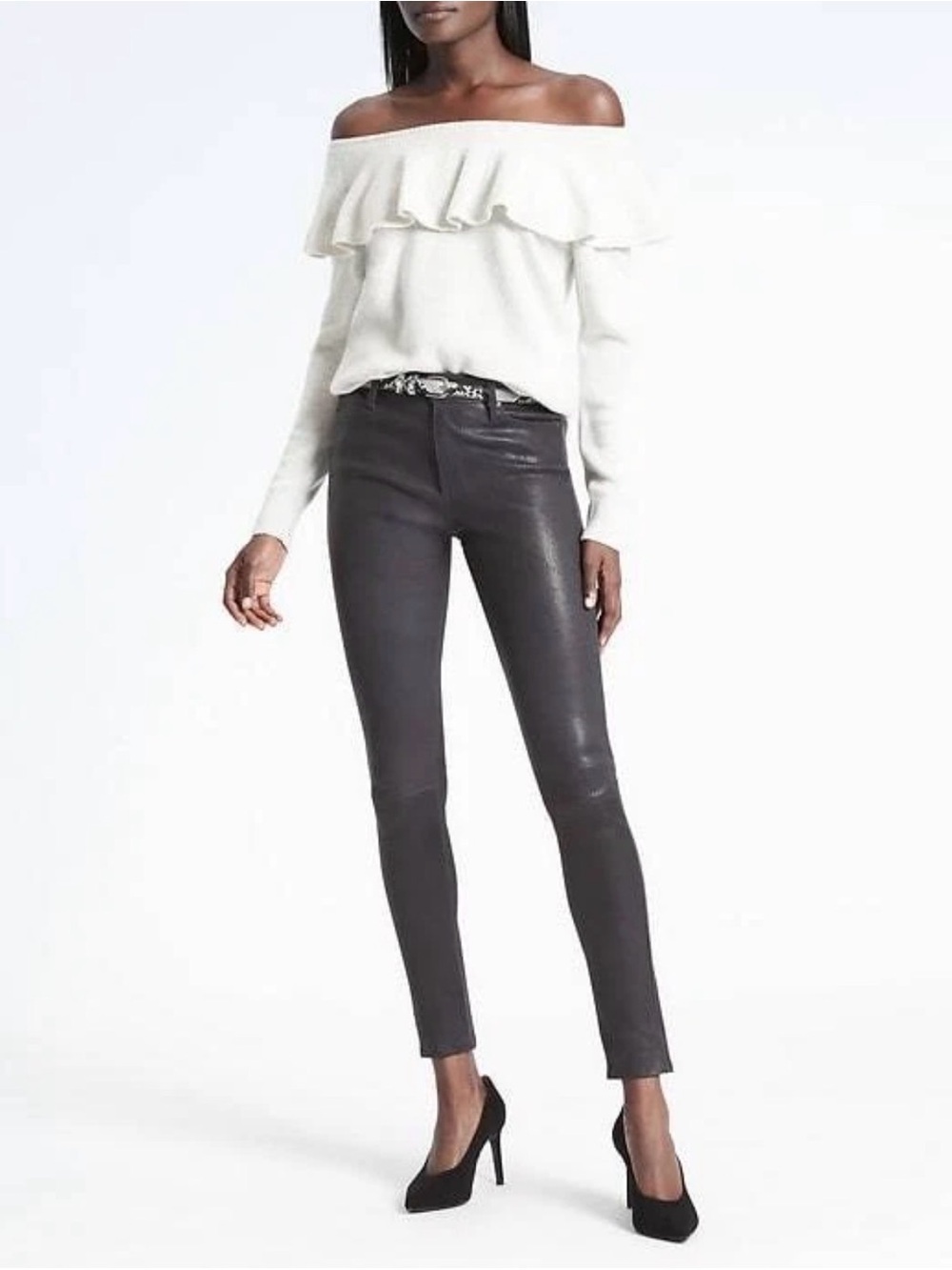 Banana Republic Light Gray Off Shoulder Ruffle Merino Wool Sweater
